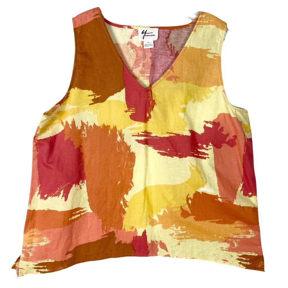 NWOT ANDREA JOVINE Blouse XL Yellow Pink Brown Linen Sleeveless Paintstroke